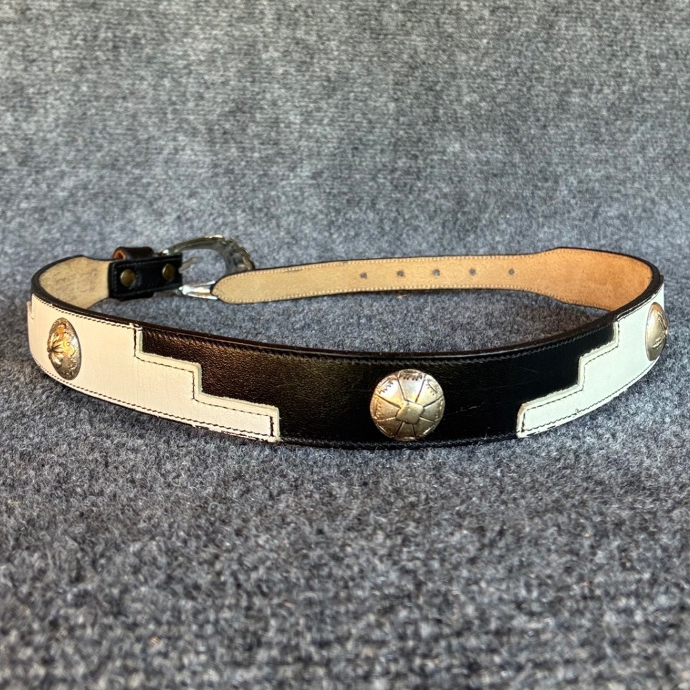 Vintage Justin Southwestern Black Leather and Cream Canvas Concho Belt 28 - 30